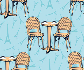 Seamless pattern with cafe and Eiffel Tower. Hand drawing decorative background. Vector pattern. Print for textile, cloth, wallpaper, scrapbooking