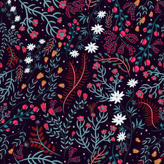 Beautiful floral print with various forest plants, flowers, berries on a dark background. Elegant seamless pattern in Burgundy, green, pink colors. Hand drawn vector illustration. Creative design.