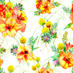 Watercolor flowers. Artistic seamless pattern. Summer design of textile, fabric, wallpaper, background and more.
