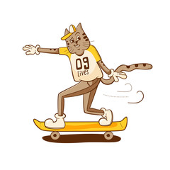 Cat riding skate. 9 lives t shirt design. - 312963953
