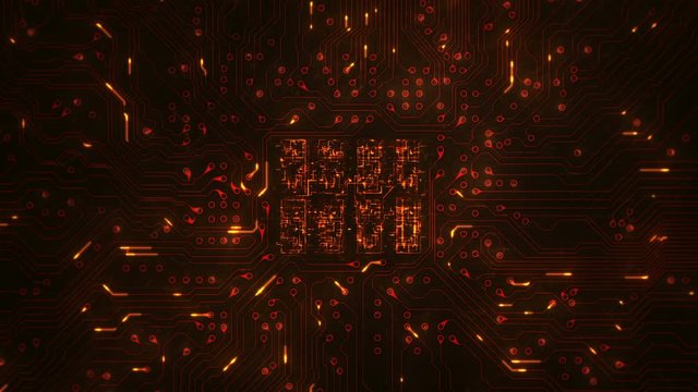 Futuristic circuit board with moving electrons. Loopable. Technology. Orange. 2 videos in 1 file. Dolly in with CPU animation. More color options in my portfolio. 