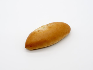 Oval beautiful Russian baked pastry cake made with pastry with filling. On white background