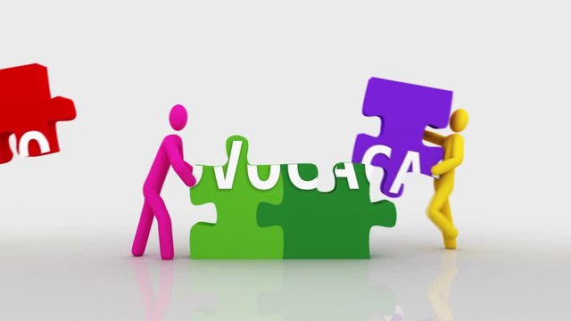 Advocacy puzzle. 2 videos in 1 file. 3D characters doing a puzzle with the word ADVOCACY over white background. More options in my portfolio.