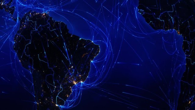 World connections. South America. Aerial, maritime, ground routes and country borders. Animation of the Earth with bright connections and city lights. Locked. Blue.  