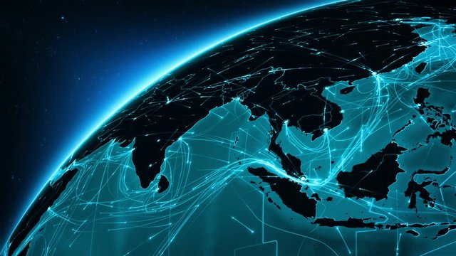 Earth connections. From Asia to Europe. Animation of the Earth with bright connections. Aerial, maritime, ground routes and country borders. Cyan. More options in my portfolio.
