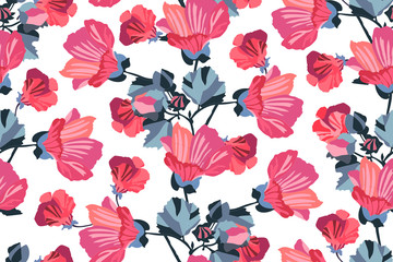 Art floral vector seamless pattern. Garden mallow red, pink, maroon, burgundy, orange flowers with navy blue branches and leaves isolated on white background. For wallpaper, fabric, textile, paper.