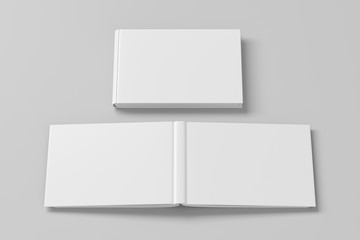 Blank white horizontal closed and open and upside down book cover on white background isolated with clipping path around cover. 3d illustration