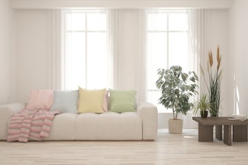 Stylish room in white color with sofa. Scandinavian interior design. 3D illustration