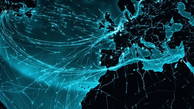 World connections. Europe. Aerial, maritime, ground routes and country borders. Animation of the Earth with bright connections and cities. Locked. Cysn. More options in my portfolio.