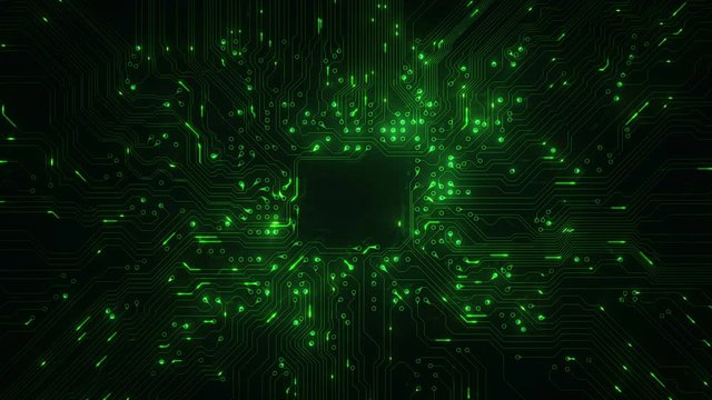 Futuristic circuit board with moving electrons. Copy space. Locked. Loopable. 2 videos in 1 file. Green. More options in my portfolio.