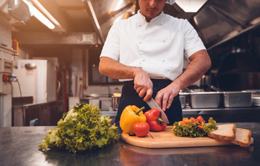 Male chef preparing a salad in the kitchen of a restaurant. Food concept