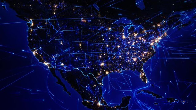 World map with connections. European and North American map with bright connections and city lights. Aerial, maritime, ground routes and country borders. 2 shots in 1 file. Blue.