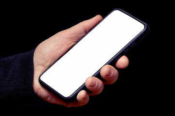 White background for inserting text or image on a phone display that holds  in hand man  on black background_