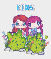 kids, little girls anime cartoon with flowers bush nature foliage