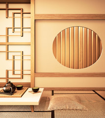 Chinese interior with circle window wooden design idea of room japan and tatami mat. 3D rendering