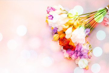 A bouquet of flowers in the upper right corner of the banner. Tinted in a fashionable color. Horizontal photo. With space for text. Concept: March 8, birthday, holiday.