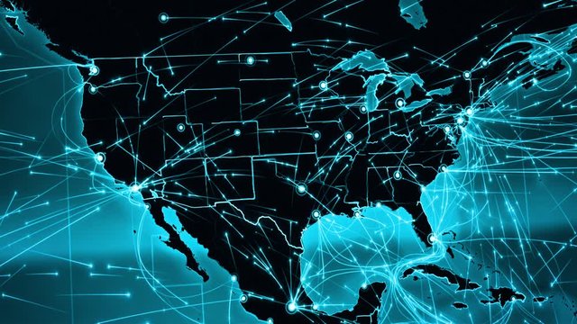 Earth connections. North American and European map with bright connections. Aerial, maritime, terrestrial routes and country borders. 2 shots in 1 file. Cyan. More options in my portfolio.