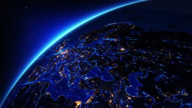 Bright connections moving around Earth. Europe, with city lights. Aerial, maritime, ground routes and country borders. Blue.  More options in my portfolio.