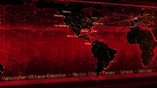 World map with connections, countries, cities and time zones. Loopable world map with major cities names, countries and time zones. Aerial, maritime and ground routes. Red. 
