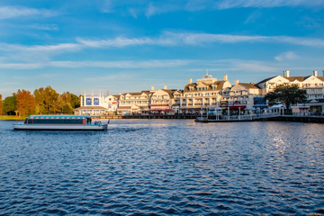 Fototapeta premium Taxiboat and dockside on sunset background at Lake Buena Vista area
