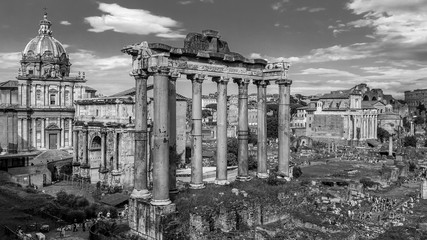 Black and white top view of ancient ruins of the Roman forum or Forum Romanum in Rome, Italy