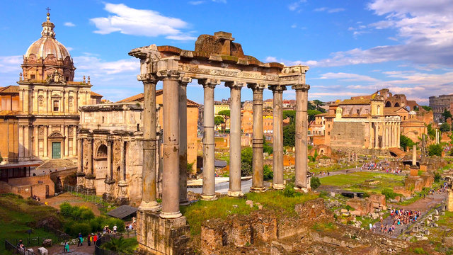 Top view of ancient ruins of the Roman forum or Forum Romanum in Rome, Italy