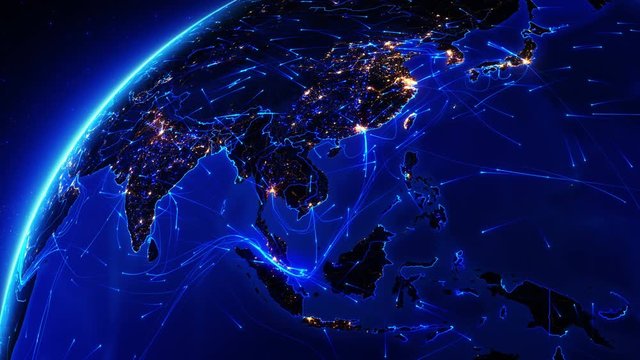 Earth bright connections and city lights. Asia. Aerial, maritime, ground routes and country borders. Blue. More options in my portfolio. 