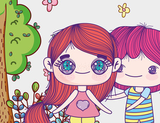 kids, little girl and boy anime cartoon characters tree flowers leaves
