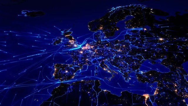 World map with connections. European and Asian map with bright connections and city lights.  Aerial, maritime, terrestrial routes and country borders. 2 shots in 1 file. Blue.