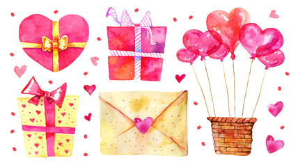 Set of Saint Valentines day illustration elements. Gift boxes, heart shape air balloons, love letter. Hand drawn watercolor illustration isolated on white background
