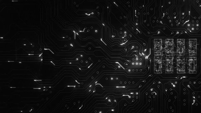 Futuristic circuit board with moving electrons. Lateral dolly with CPU animation. Loopable. Technology. White. More options in my portfolio.