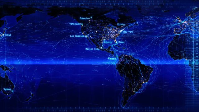 World map with connections and city lights. Loopable world map with major cities names and country borders. Aerial, maritime and ground routes. Blue. More color options in my portfolio.