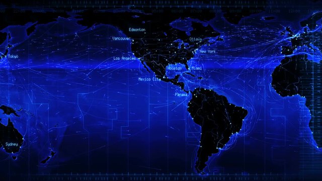 World map with connections and cities. Loopable world map with major cities names and country borders. Aerial, maritime and ground routes. Blue. More color options in my portfolio.