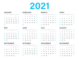 Calendar 2021 vector template, simple minimal design, Yearly calendar organizer for weeks