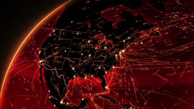 Earth connections. From North America to Europe. Animation of the Earth with bright connections. Aerial, maritime, ground routes and country borders. Red.