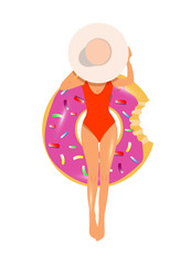 Young pretty girl, woman in bikini resting on floating inflatable ring on the water surface, top view cartoon vector illustration . Young happy woman, girl swimming on inflatable ring