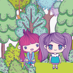 kids, cute little girls anime cartoon together in the forest