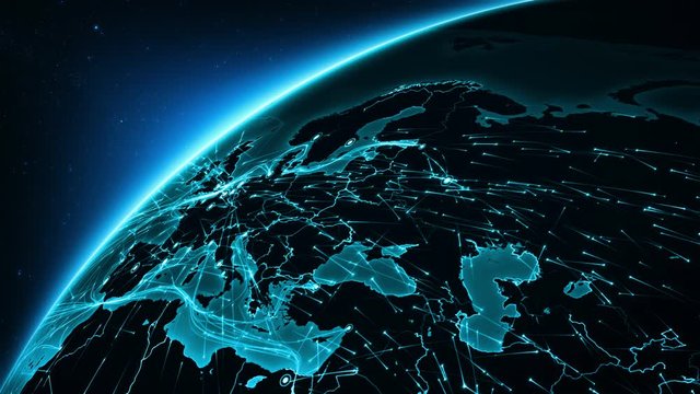 Earth connections. Europe. Aerial, maritime, ground routes and country borders. Animation of the Earth with bright connections and cities. Cyan. More options in my portfolio.