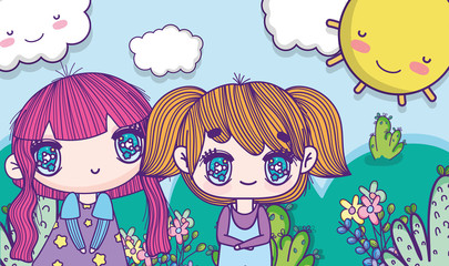 kids, little girls anime cartoon flowers grass sunny day landscape