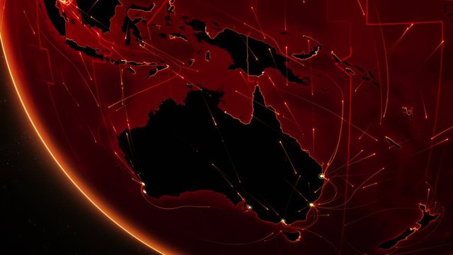Earth connections. Australia. Animation of the Earth with bright connections. Aerial, maritime, ground routes and country borders. Red. More color options in my portfolio.