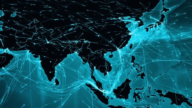 World map with connections. North American and Asian map with bright connections. Aerial, maritime, terrestrial routes and country borders. 2 shots in 1 file. Cyan. More options in my portfolio.