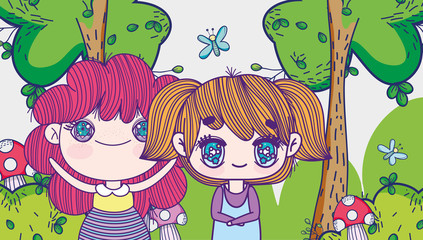 kids, little girls anime cartoon tree forest mushrooms meadow