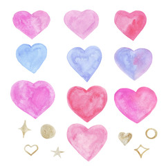 Fototapeta premium watercolor hearts of tender pink and blue and gold stars and circles set elements on a white background.