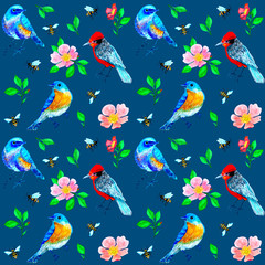 Naklejka na ściany i meble Seamless pattern with birds, bees and dog-rose flowers on blue background