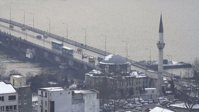 Unkapani bridge and Sokullu Mehmet Pasha Mosque in winter. Istanbul, Turkey