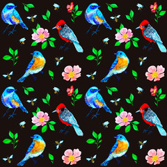 Obraz premium Seamless pattern with birds, bees and dog-rose flowers on dark background