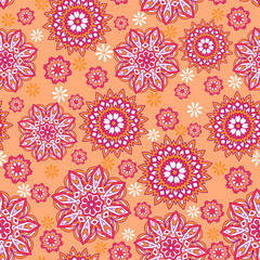 Seamless ornamental oriental pattern. Repeating geometric tiles with mandala. Vector laced decorative background with floral and geometric ornament. Indian or Arabic motive. Boho festival style