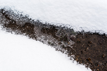 mountain stream flowing through white snow