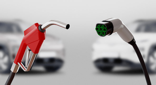 Diesel versus electric. Gas or electric station. 3d rendering