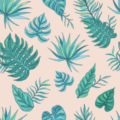 Tropic summer painting seamless pattern with colorful tropical leaves. Tropical botanical Motives. Vector illustration. Summer decoration print for wrapping, wallpaper, fabric. 